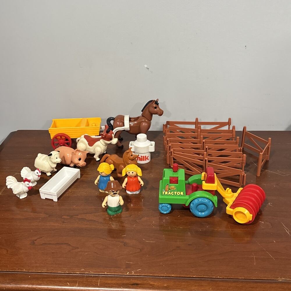 Vintage 1980s Playskool Lil Playmates Farm Set People Tractor Wagon Animals